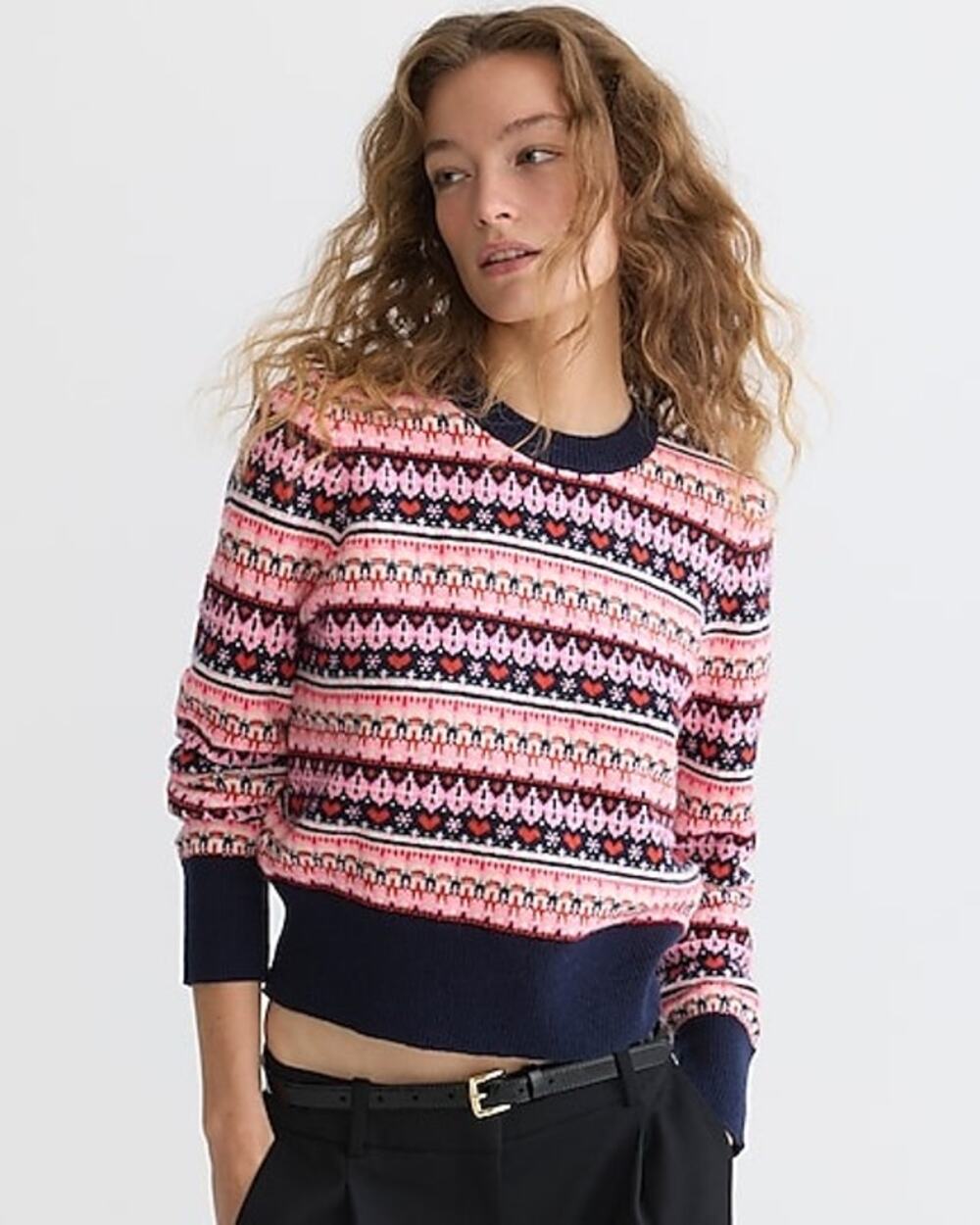 J. CREW Shrunken Fair Isle Crewneck Sweater Lamb's Wool Sz Medium Whimsy Hearts